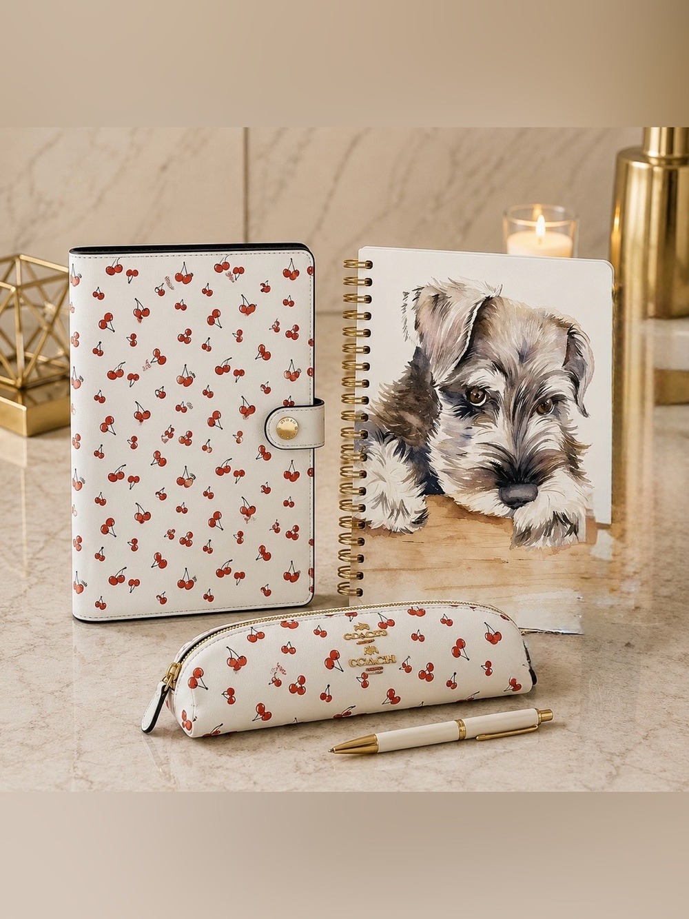 NEW Coach Notebook & Pencil Case Set with Cherry Print NWT + Dog Notebook